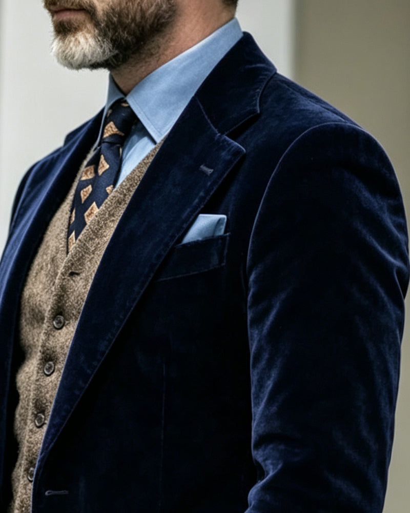 Retro Navy Velvet Single-breasted Casual Blazer