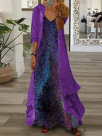 Women's Long Sleeve V-neck Graphic Printed Two Pieces Maxi Dress