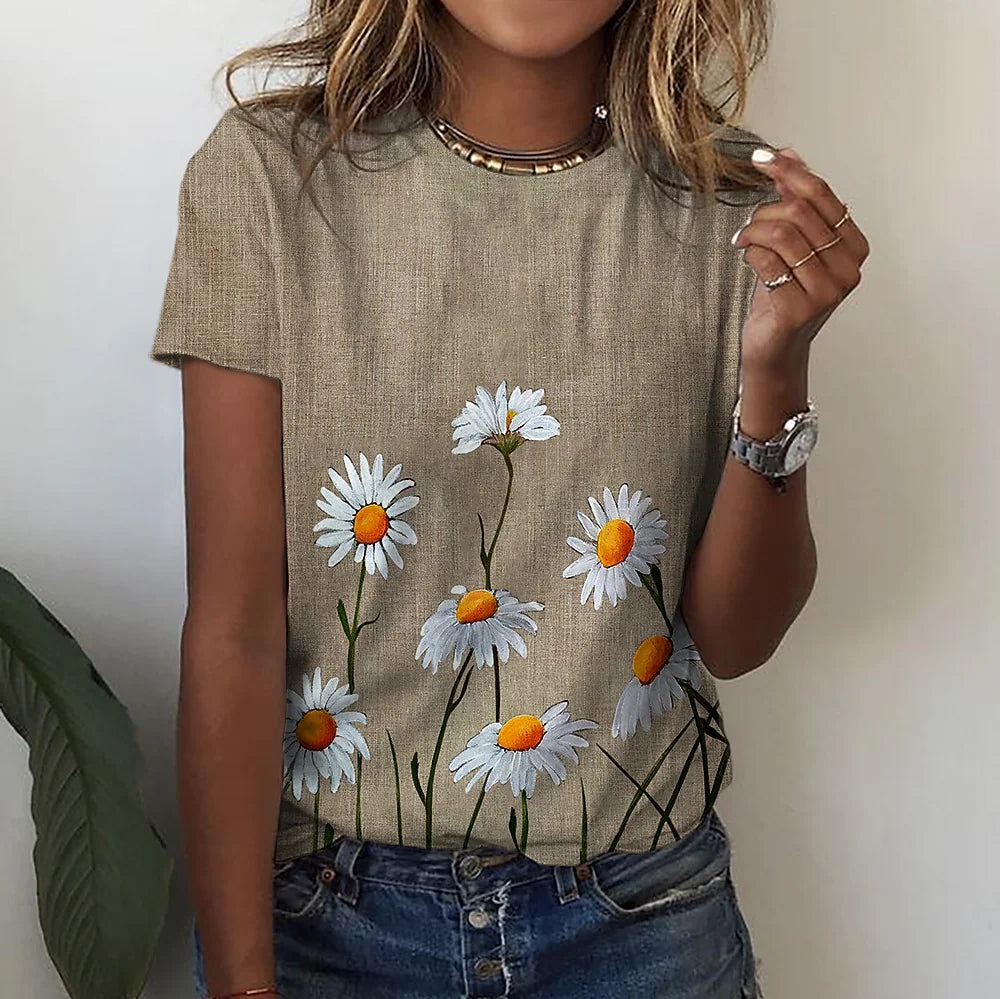 Floral Round Collar Print Pullover T-Shirt
