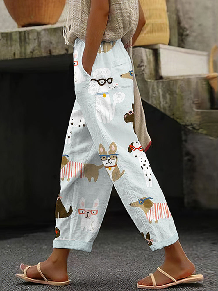 Women's Cute Dogs Art Casual Pocket Pants