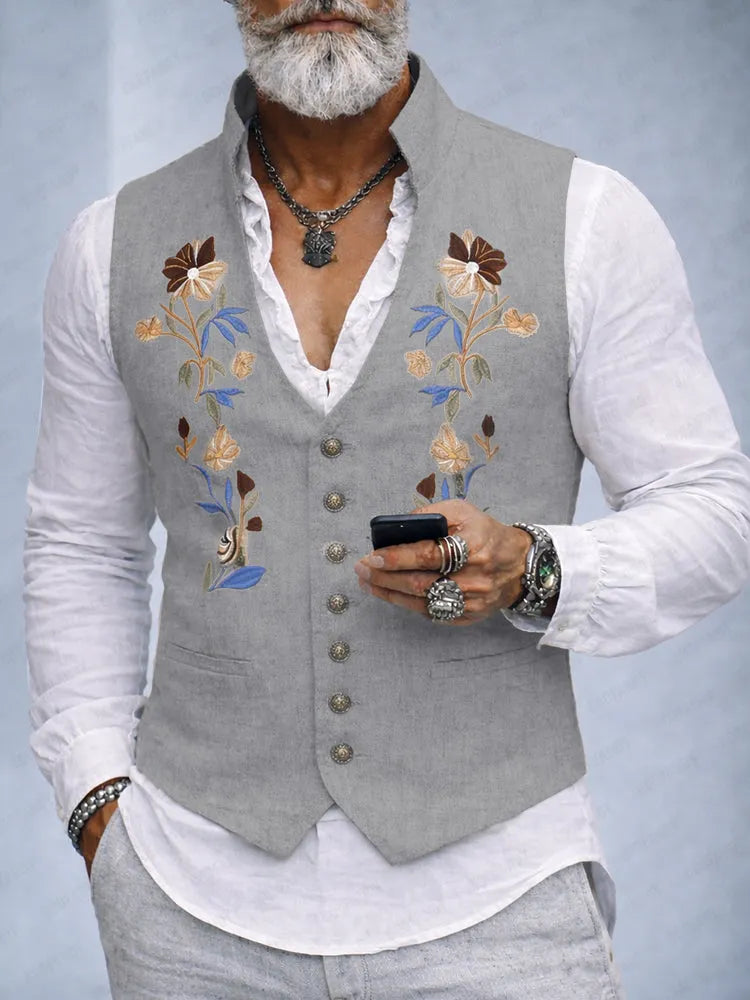 Elegant Cotton Linen Embroidered Vest