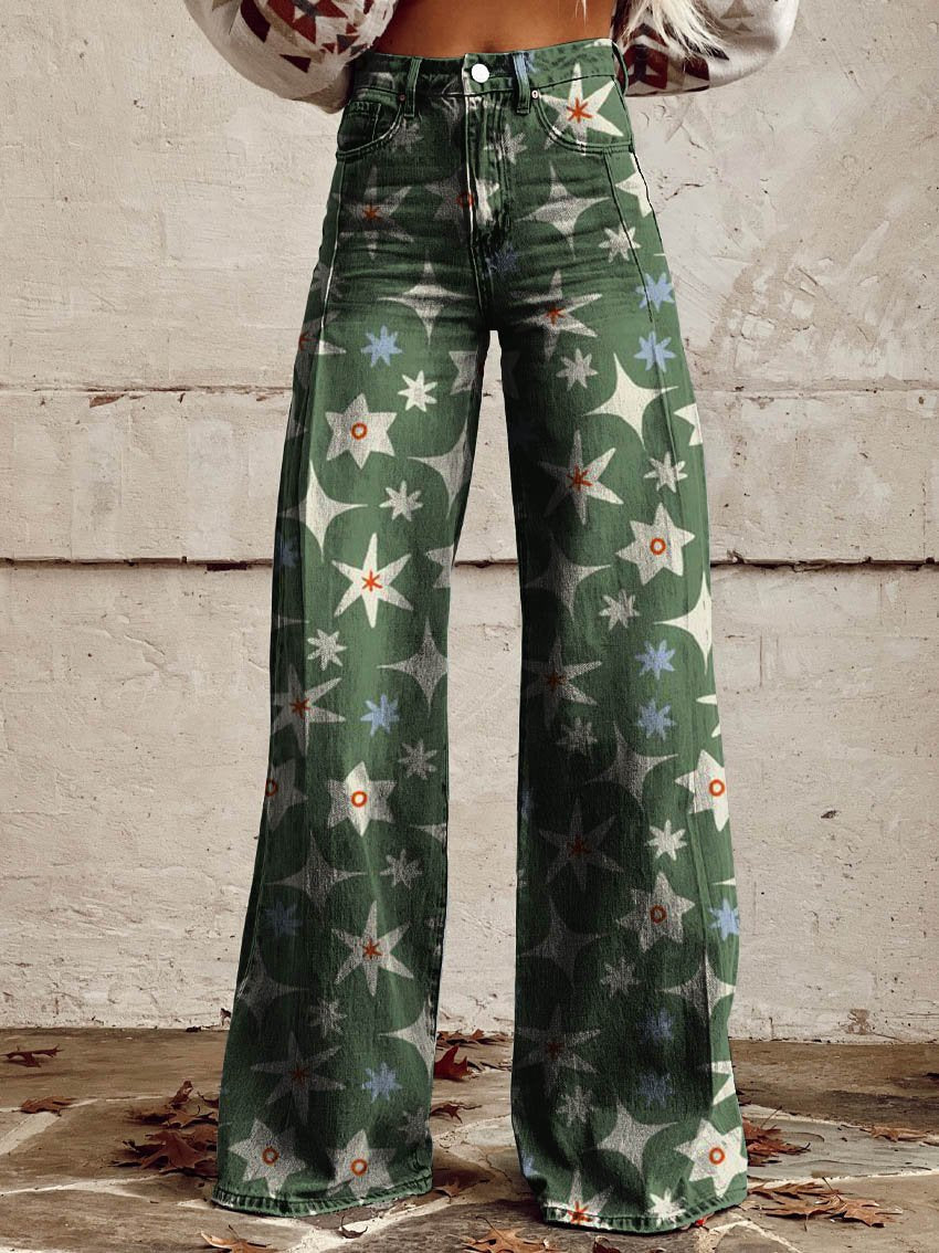 Women's Green Flowers and Stars Print Casual Wide Leg Pants