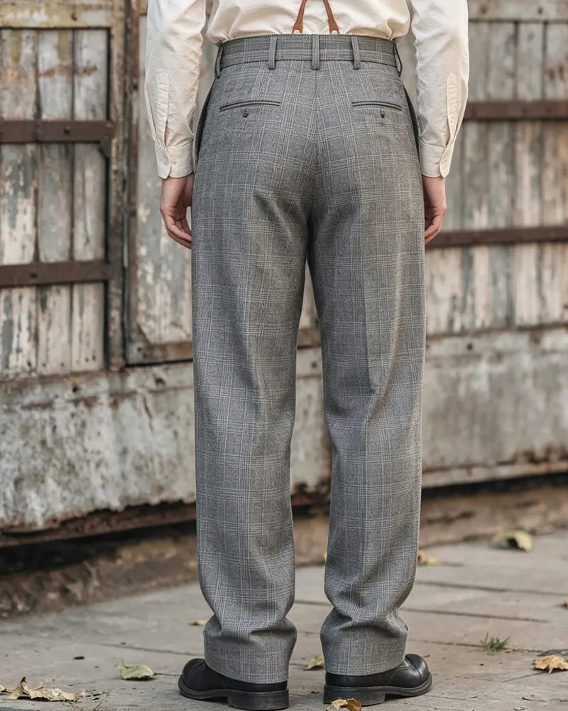Vintage Gray Prince Of Wales Check Straight Leg Casual Trousers