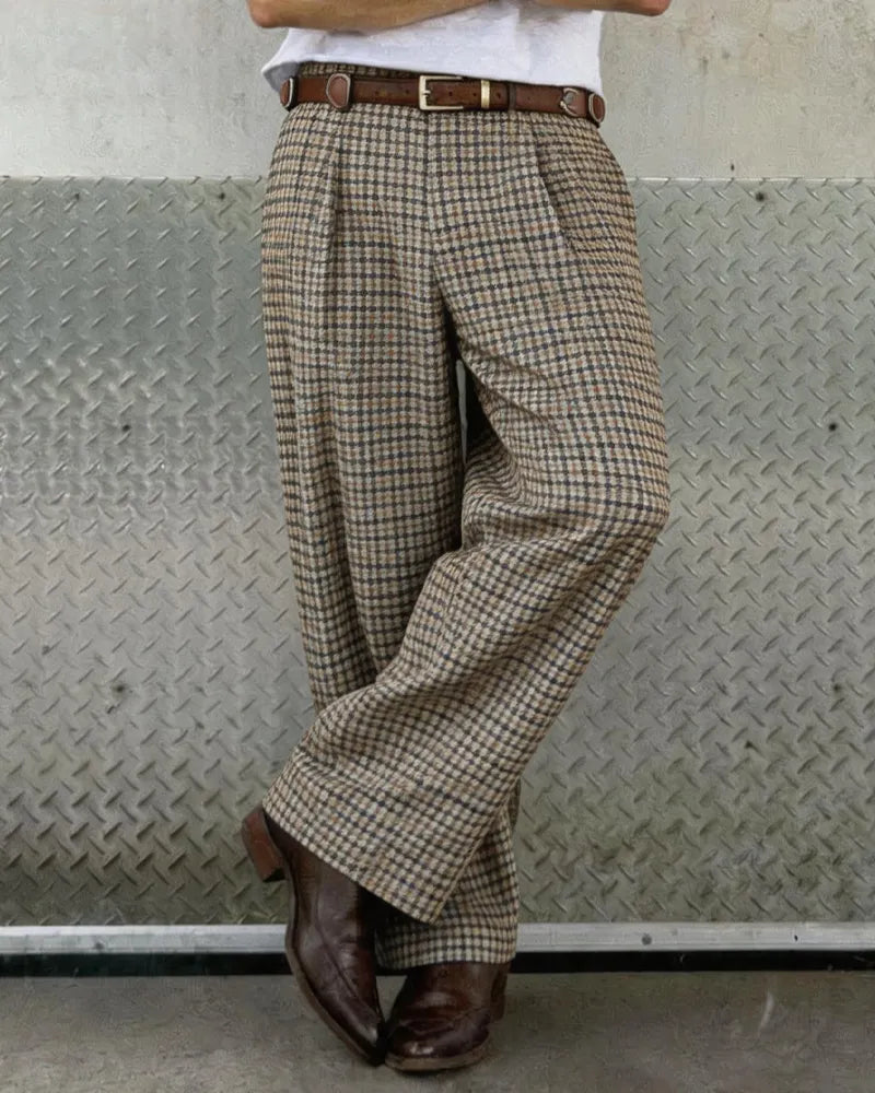 Vintage Brown Houndstooth Straight-leg Casual Pants