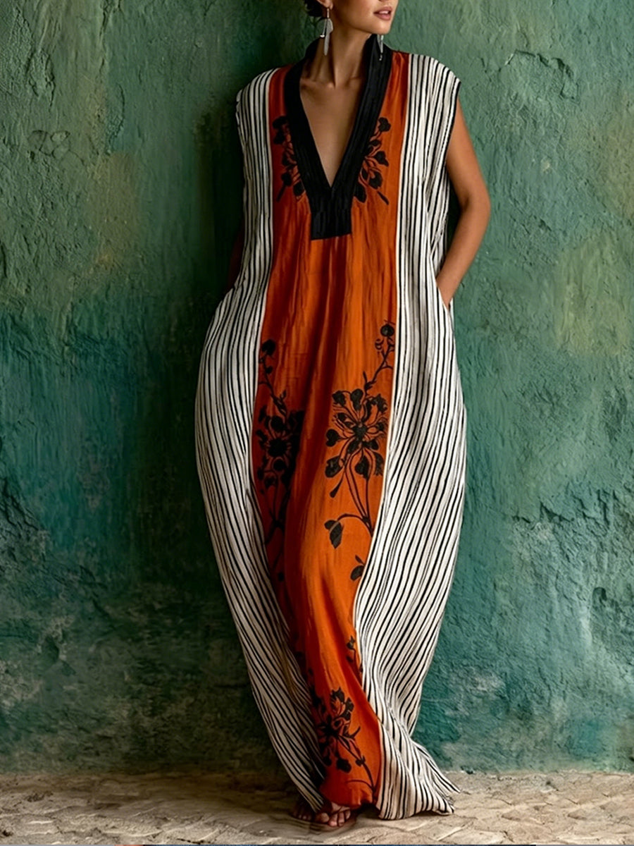 Bohemian Artistic Print Sleeveless Linen And Cotton Maxi Dress