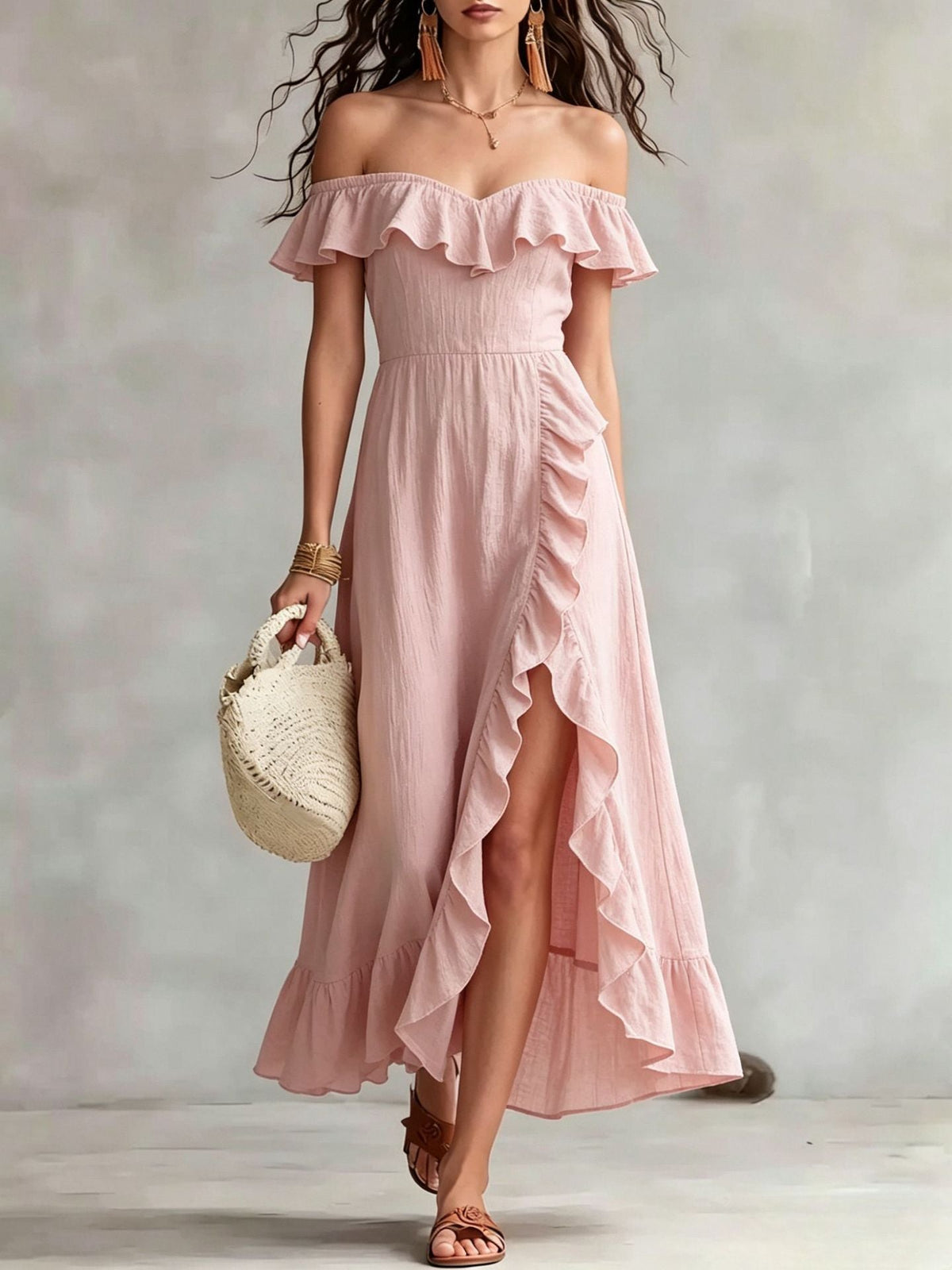 Women's Summer Cotton Off Shoulder Ruffled Ruched Flowy Maxi Dress