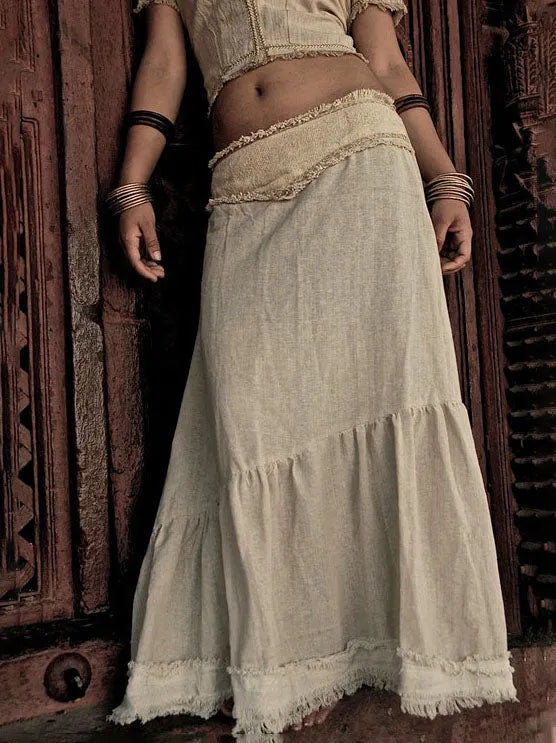 Cotton Linen Maxi Skirt with Raw Hem and Patchwork Detail