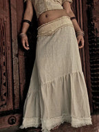 Cotton Linen Maxi Skirt with Raw Hem and Patchwork Detail