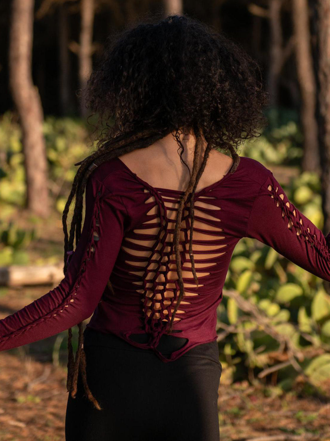 Boho Macrame Strappy Back Crop Top - Long Sleeve Cut-Out Festival Top