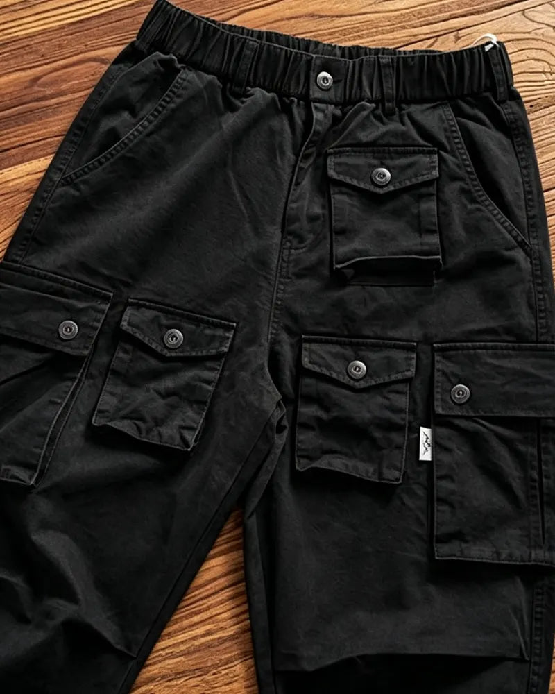 Vintage Washed Black Multi Flap Pocket Wide Leg Military Utilitarian Cargo Pants