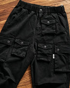 Vintage Washed Black Multi Flap Pocket Wide Leg Military Utilitarian Cargo Pants