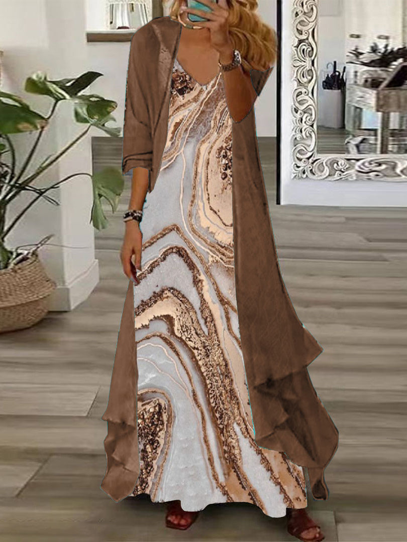 Nextmacys-Women's Long Sleeve V-neck Graphic Printed Two Pieces Maxi Dress