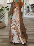 Nextmacys-Women's Long Sleeve V-neck Graphic Printed Two Pieces Maxi Dress