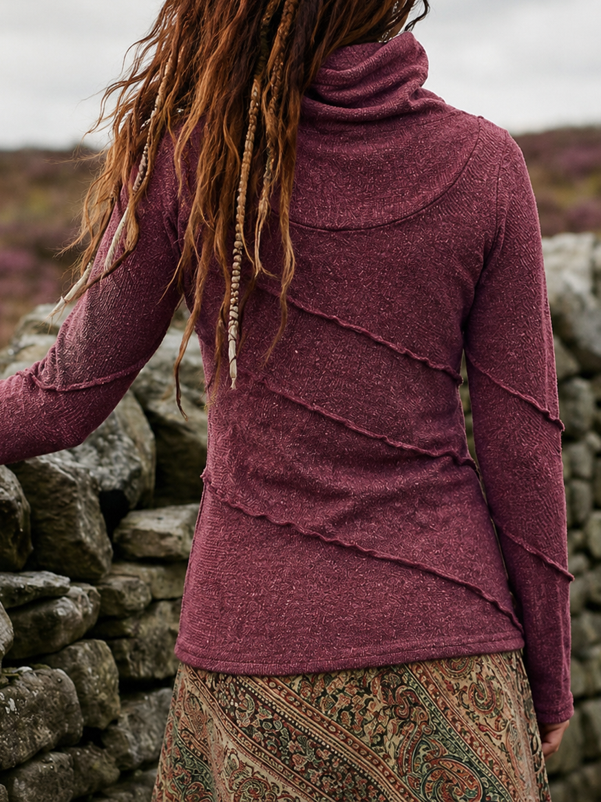 Asymmetric Seam Cowl Neck Top, Earthy Bohemian Sweater