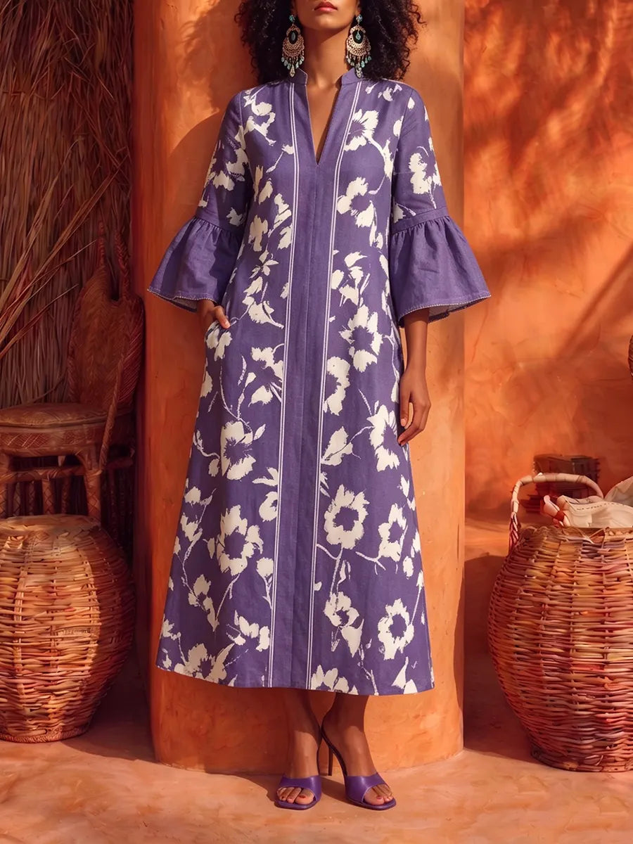 Elegant Vacation Floral Print Cotton-linen Dress