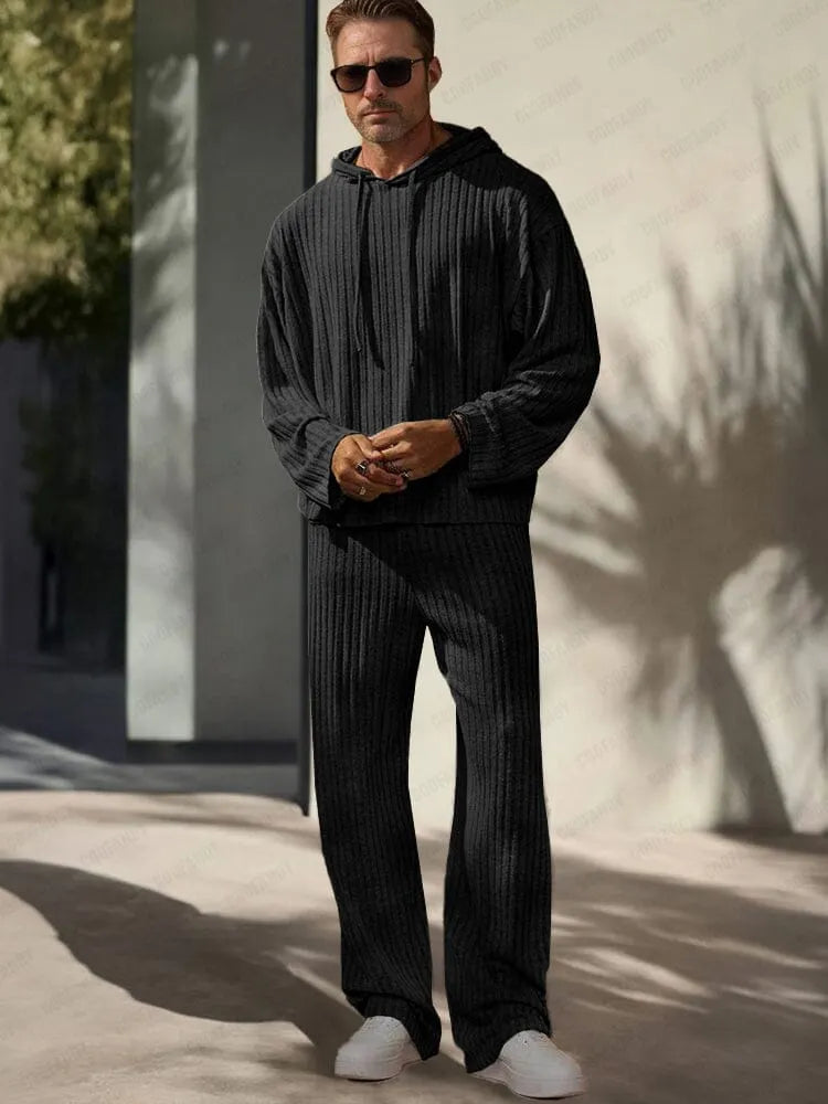 Leisure Pit-stripe Knit Hoodie Set