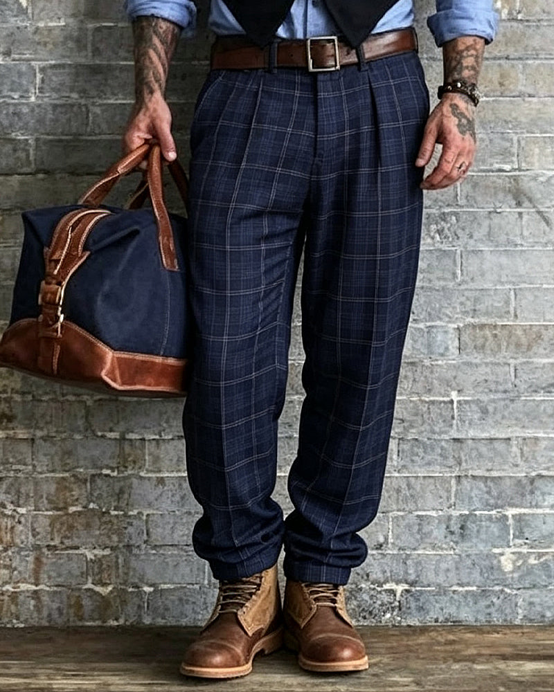 Vintage Navy©\Blue Plaid Double©\Pleated Trousers