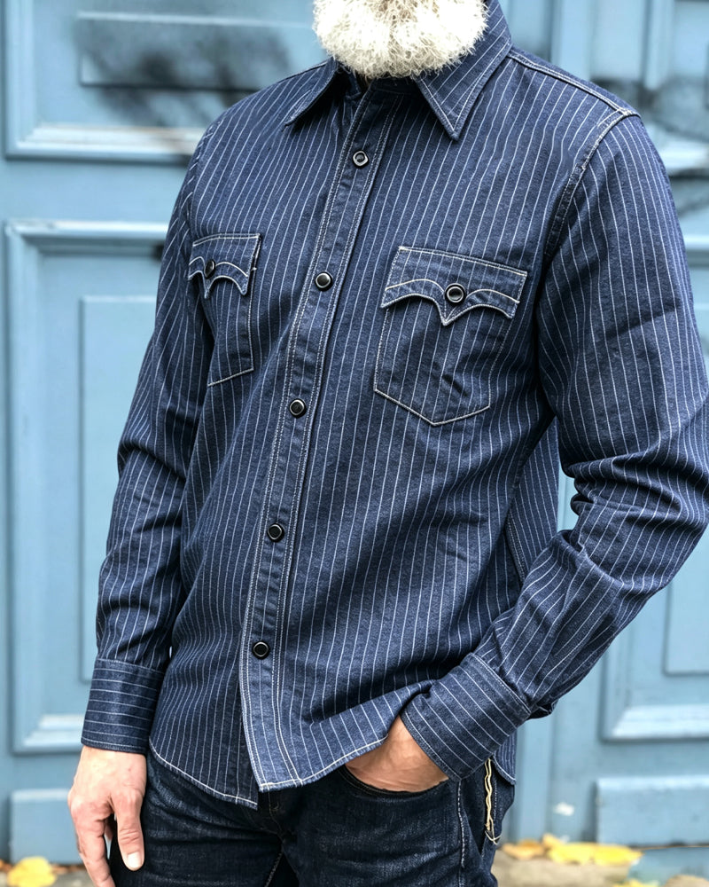Vintage Indigo Striped Western-style Denim Shirt