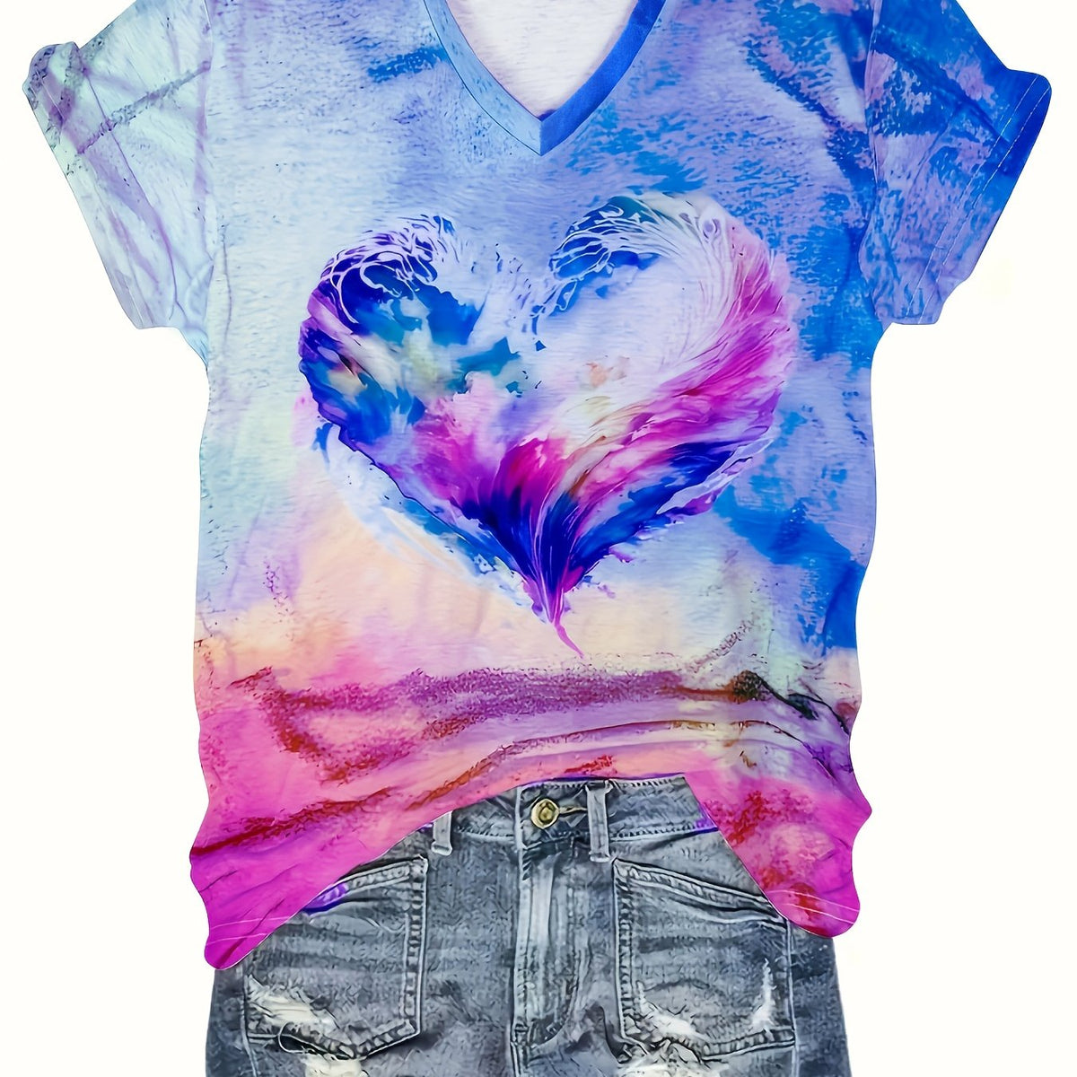 Heart Print V Neck T-Shirt, Casual Short Sleeve T-Shirt For Summer, Women's Clothing