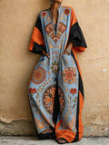Women's Placement-print V-neck 3/4-sleeve Casual Loose Cotton-linen Jumpsuit