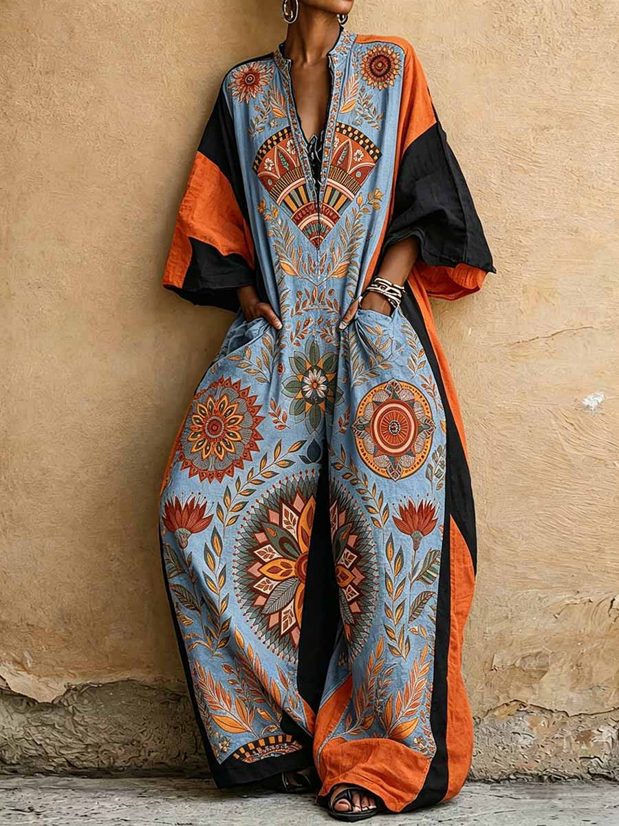 Women's Placement-print V-neck 3/4-sleeve Casual Loose Cotton-linen Jumpsuit