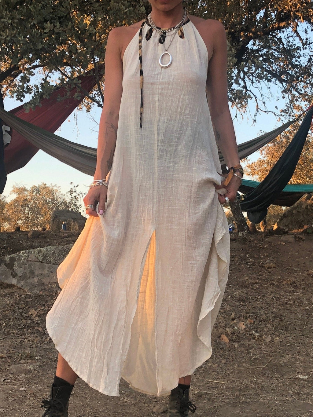 Natural cotton backless dress Gypsy dress Leopard trim halterneck dress