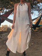 Natural cotton backless dress Gypsy dress Leopard trim halterneck dress