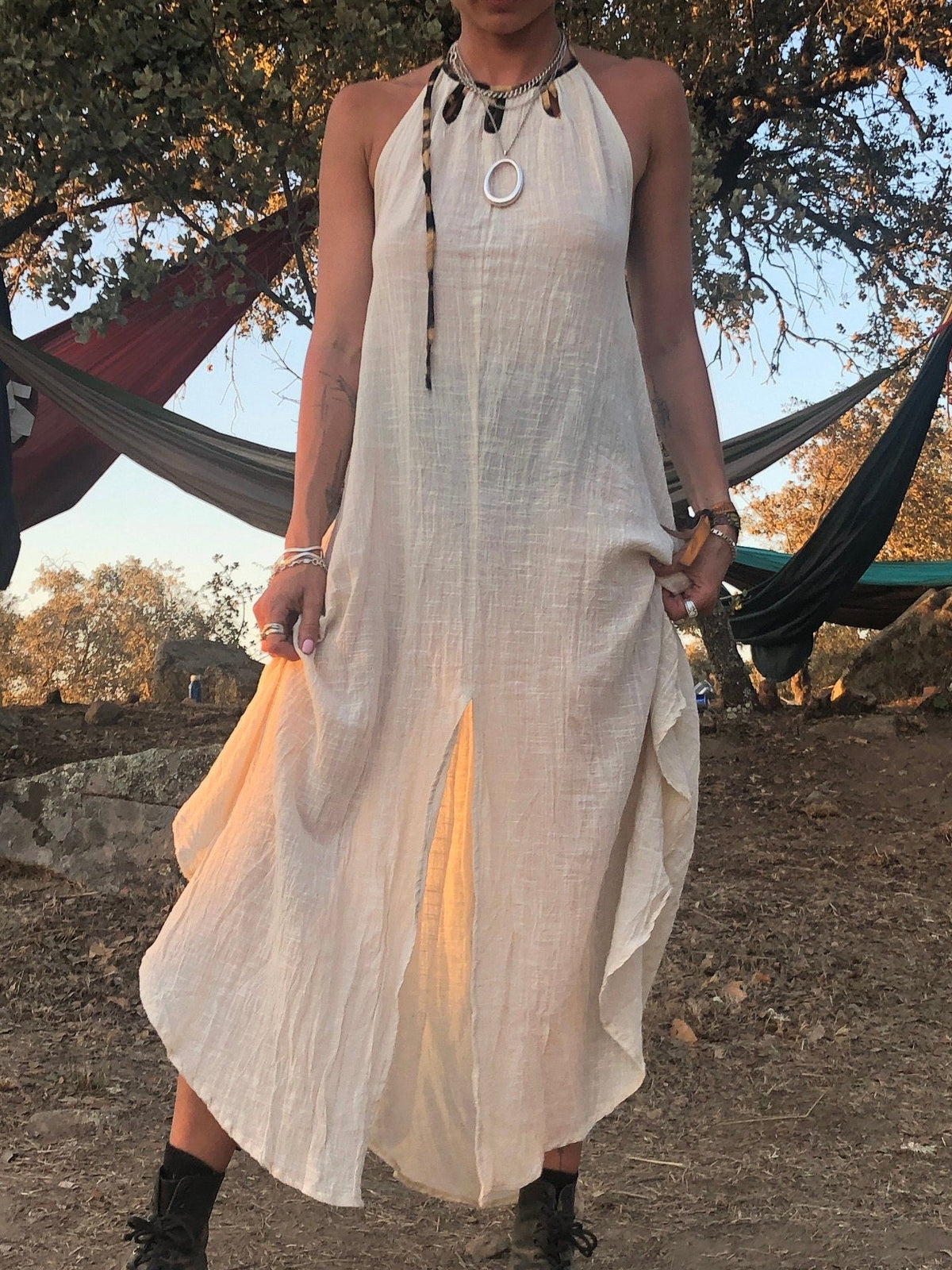 Natural cotton backless dress Gypsy dress Leopard trim halterneck dress