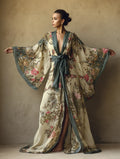 Women's Green Floral Print Chiffon Kimono-Style Robe (with Belt)