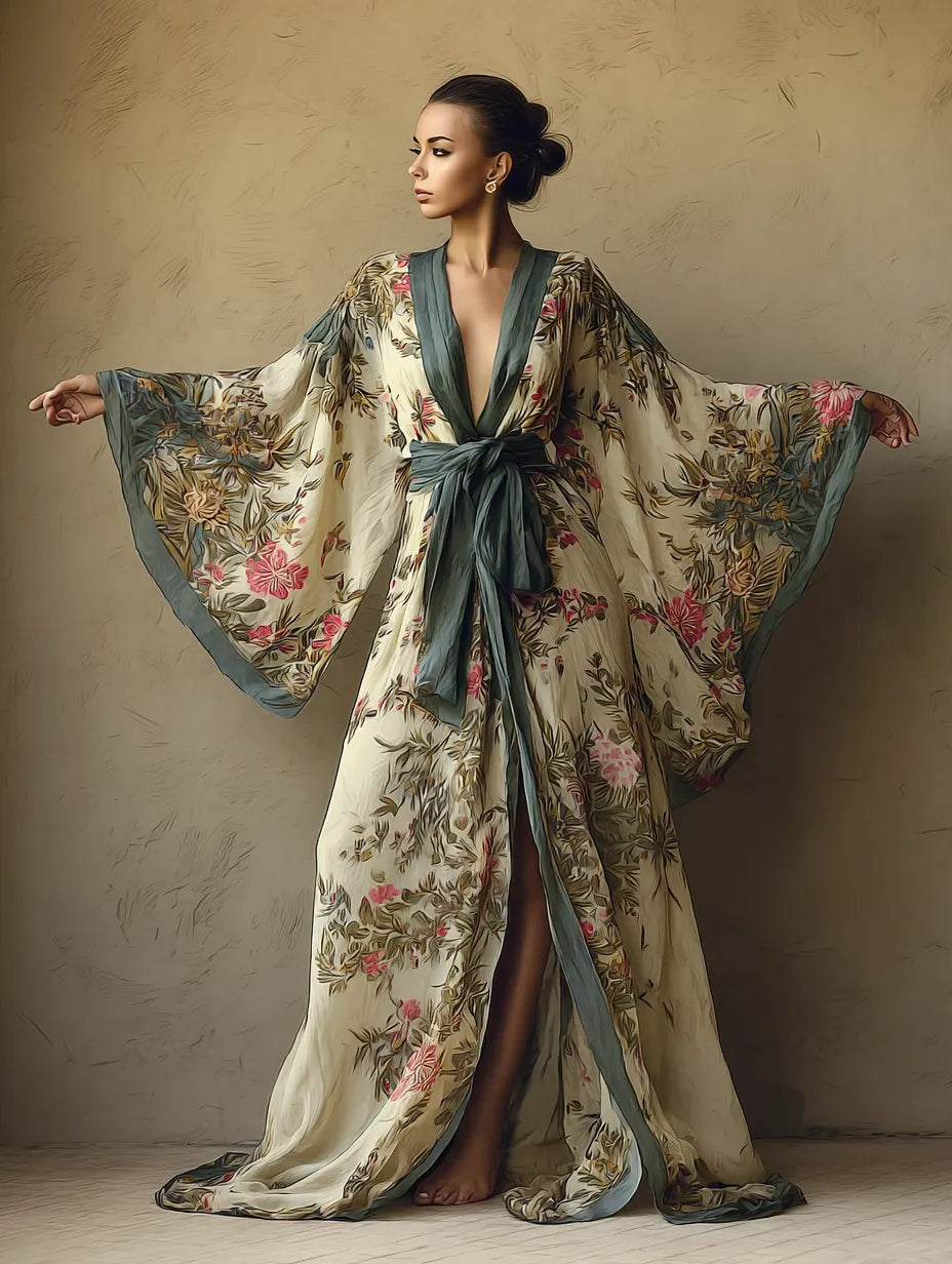 Women's Green Floral Print Chiffon Kimono-Style Robe (with Belt)