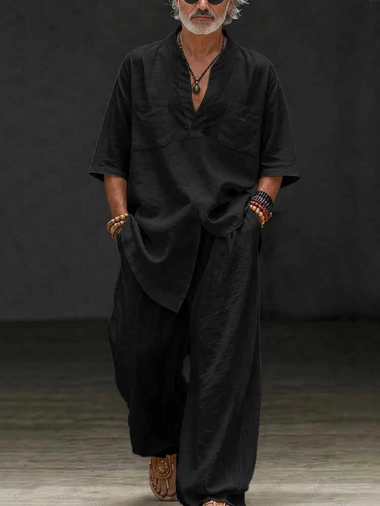 Casual Loose 100% Cotton V-Neck Top Pants Set