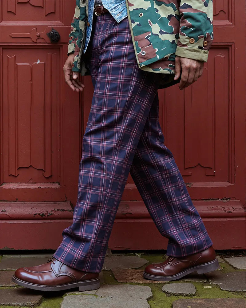 Vintage Navy Burgundy Tartan Straight©\Leg Trousers