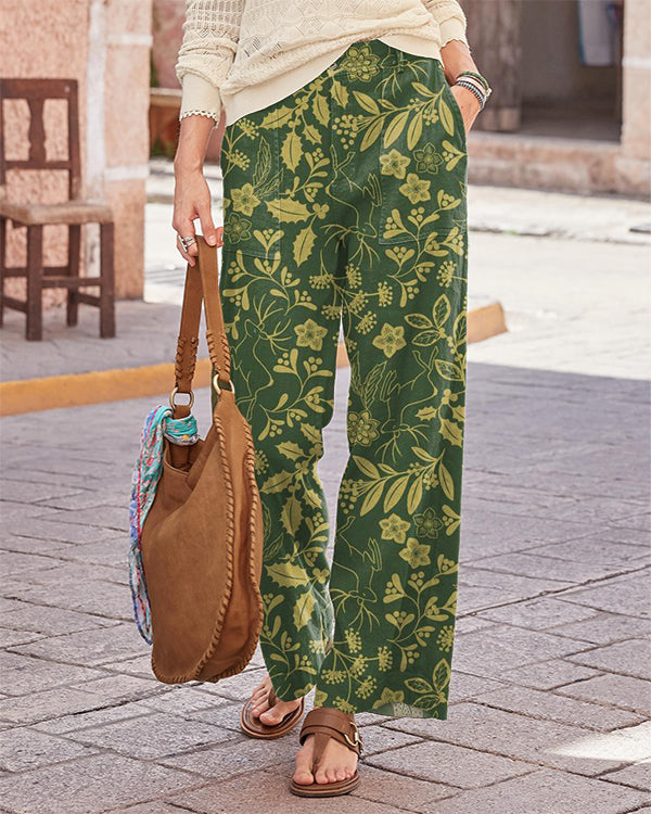 Vintage Green Floral Print Wide Leg Pants