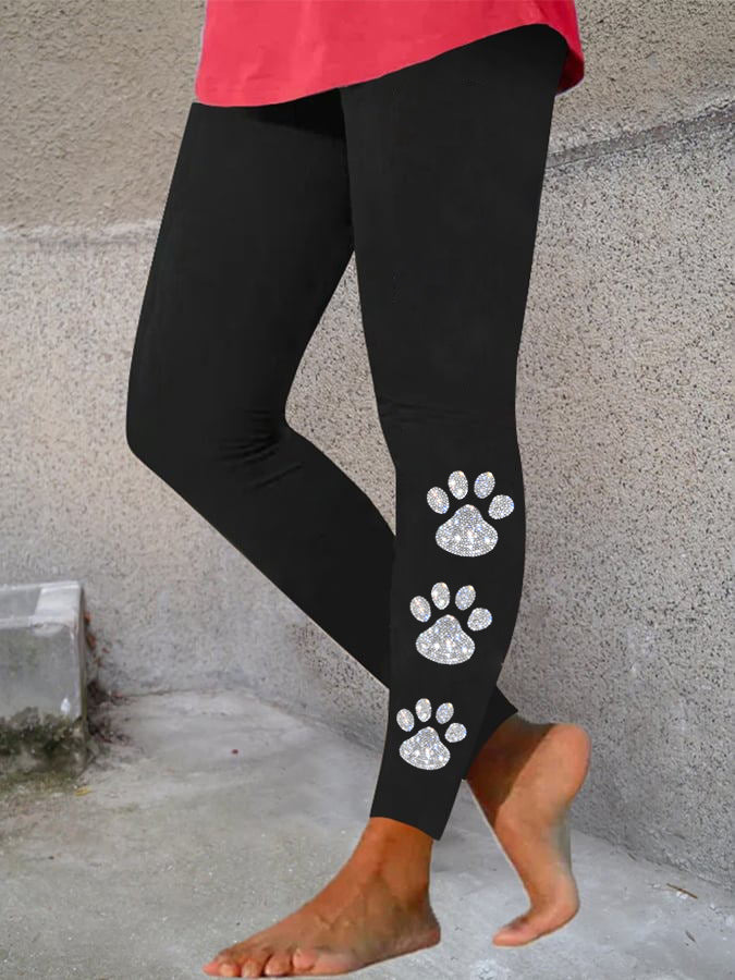 Women's Shiny Animal Paws Print Casual Skinny Pants