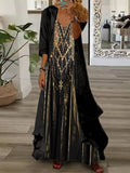 Women's Long Sleeve V-neck Graphic Printed Two Pieces Maxi Dress