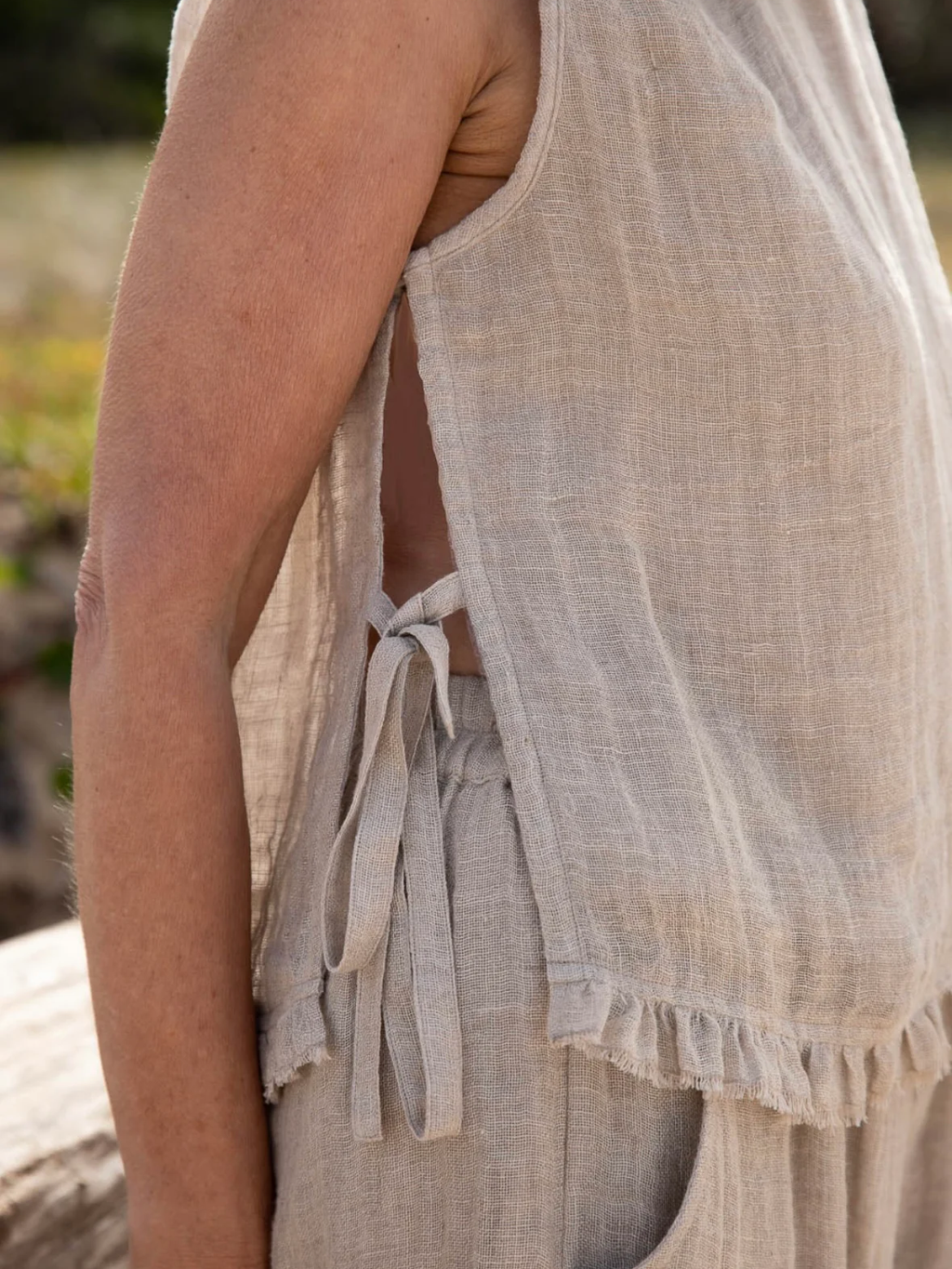 Natural Linen Raw Hem Tie Sleeveless Tank Top