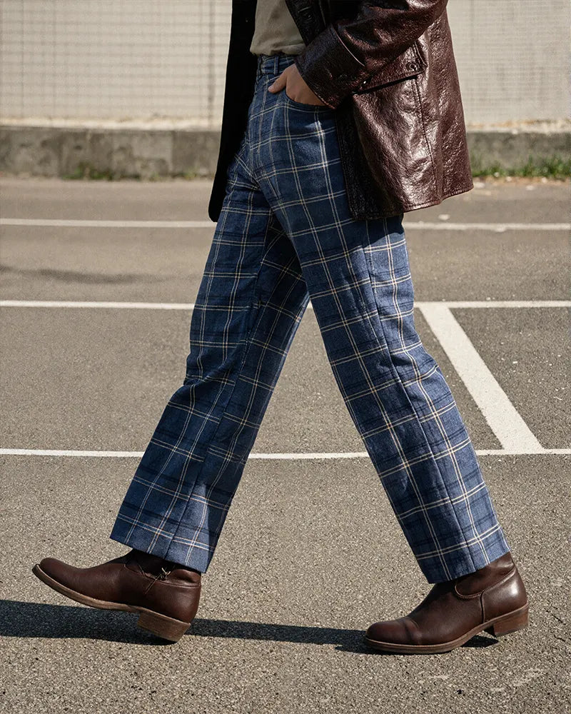 Vintage Blue Cream Windowpane Plaid Wide©\Leg Trousers