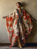 Women's Orange Floral Print Chiffon Kimono-Style Robe (with Belt)