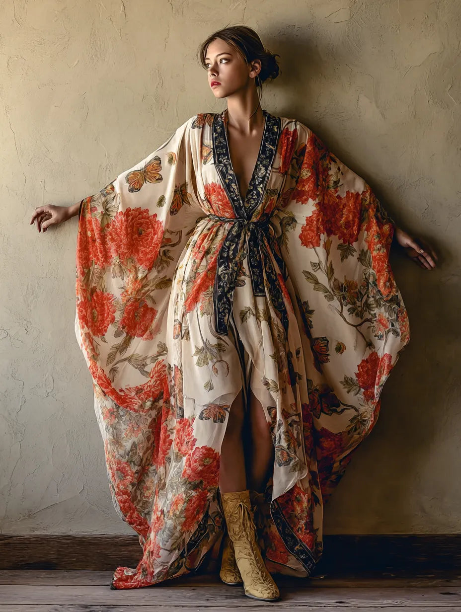 Women's Orange Floral Print Chiffon Kimono-Style Robe (with Belt)