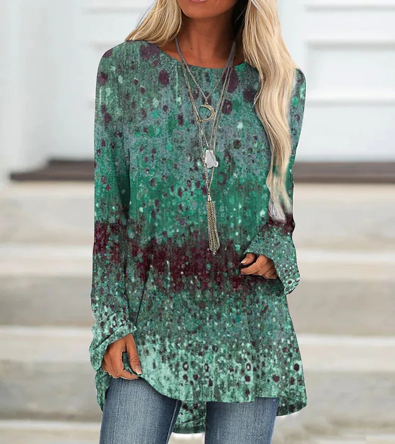 Casual Women's Crew Neck Top Loose Long Sleeve Vintage Print Pullover Fashion T-Shirt