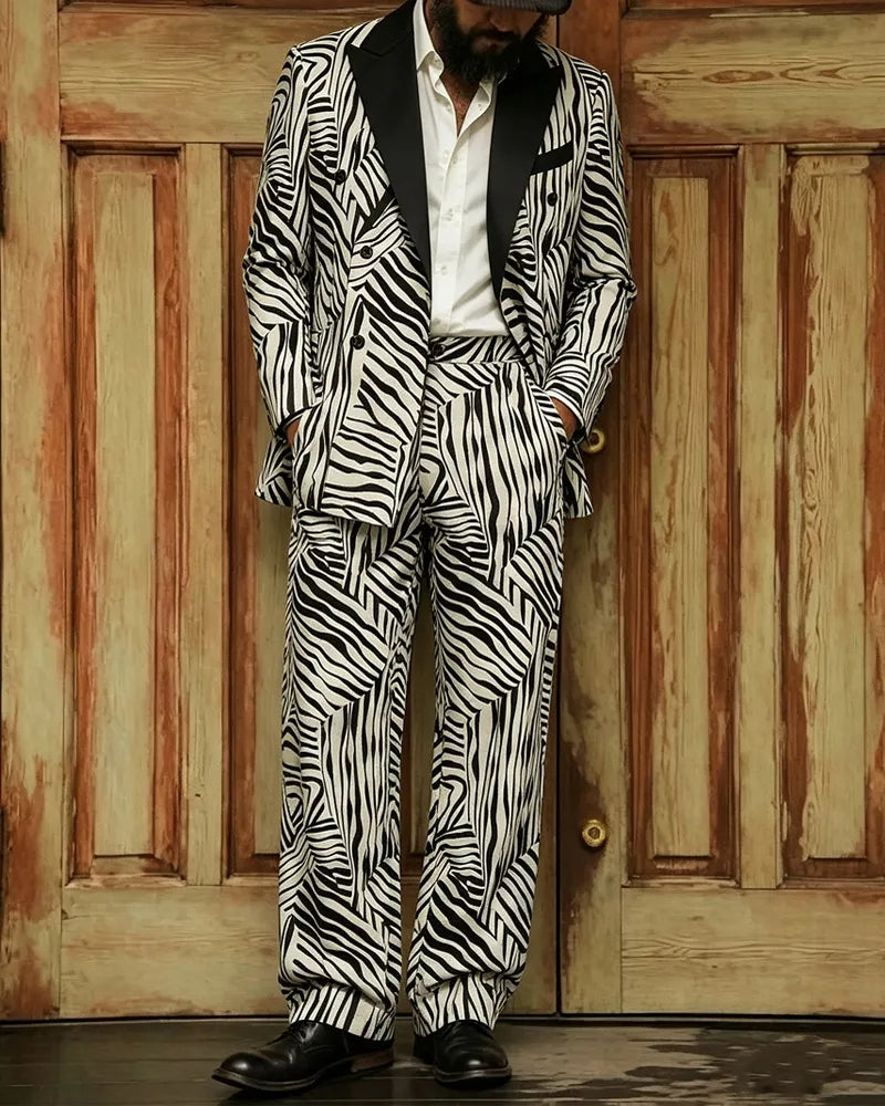Retro Black And White Color-blocked Zebra Print Double-breasted 2-piece Suit