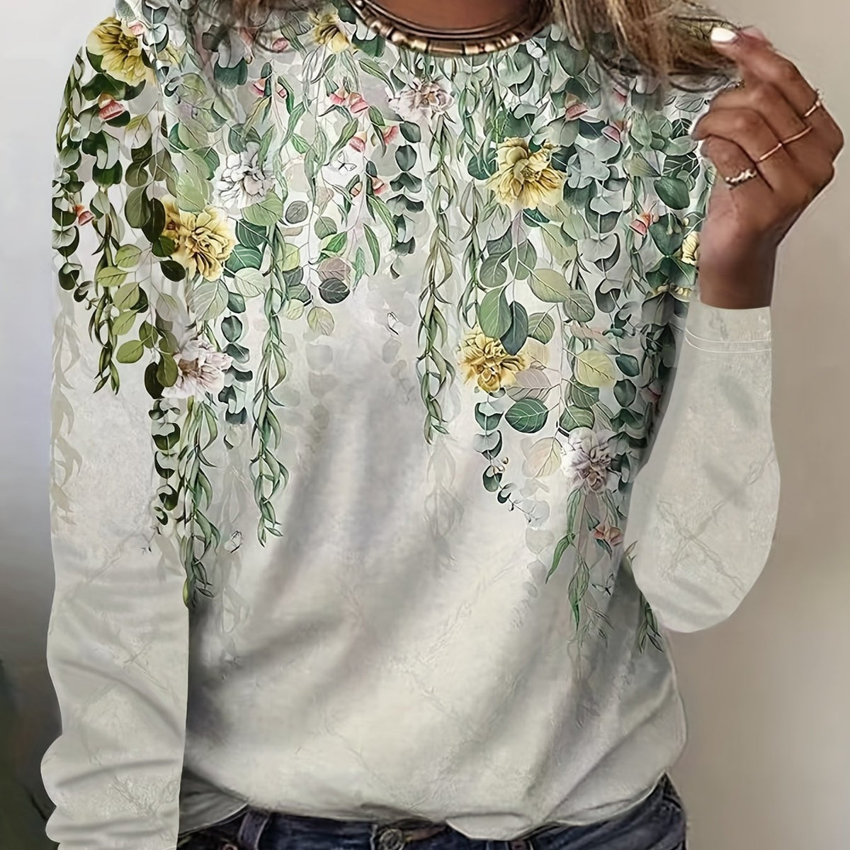 Floral Print Crew Neck T-Shirt, Casual Long Sleeve T-Shirt For Spring & Fall, Women's Clothing