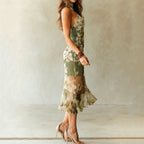 Elegant Floral Halter Neck Slim Fit Midi Dress