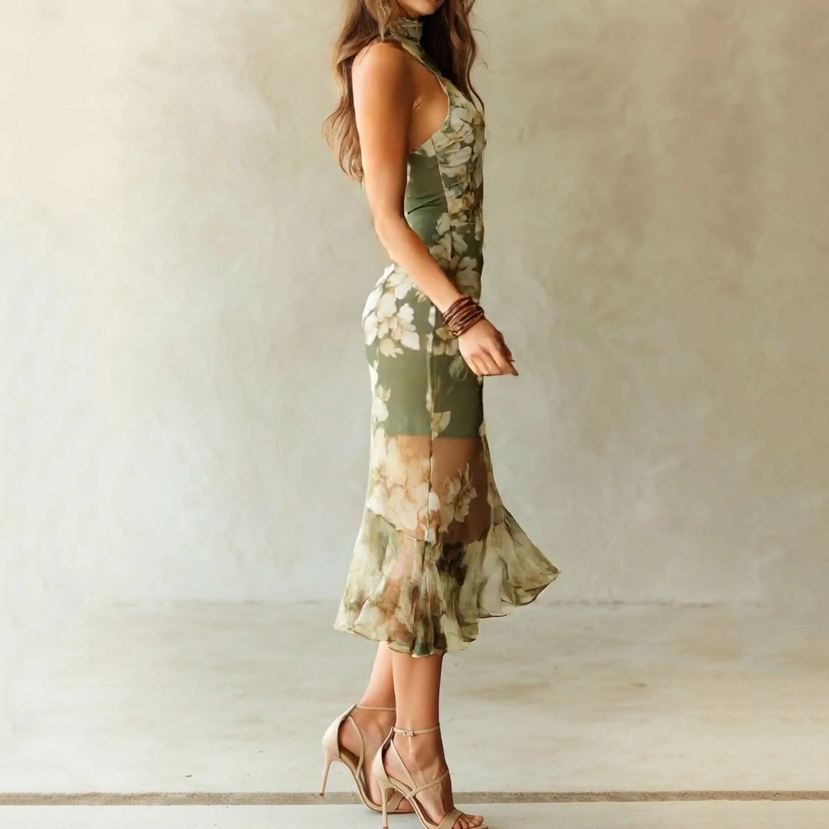 Elegant Floral Halter Neck Slim Fit Midi Dress