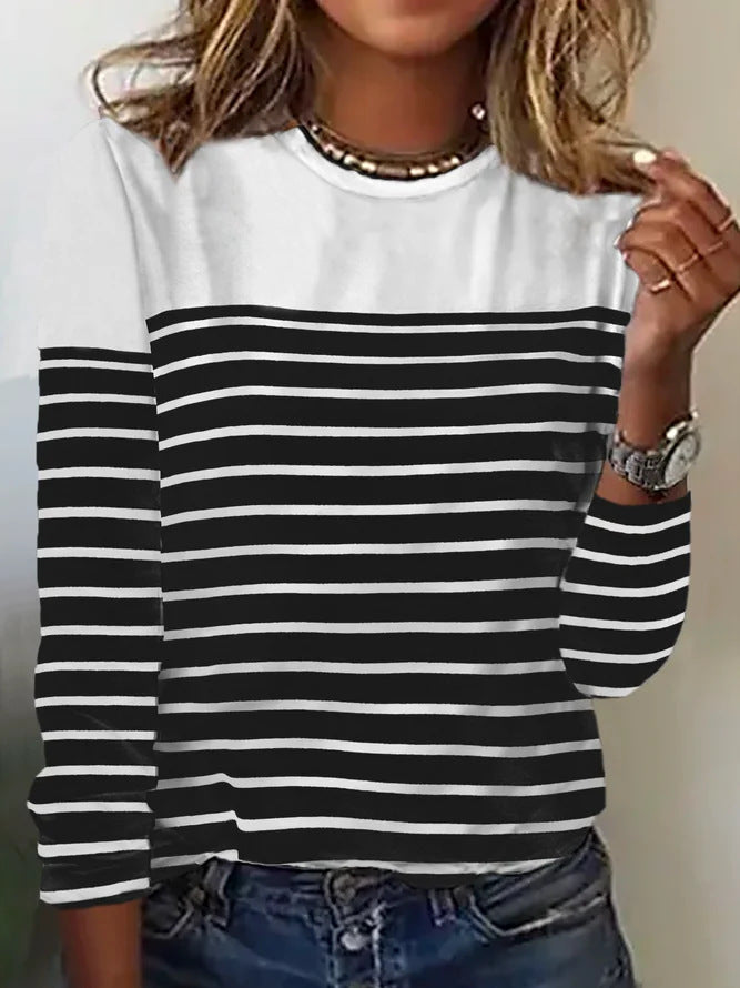 Women's Fashion Casual Striped Printed Loose O-Neck Long Sleeve Pullover T-Shirt