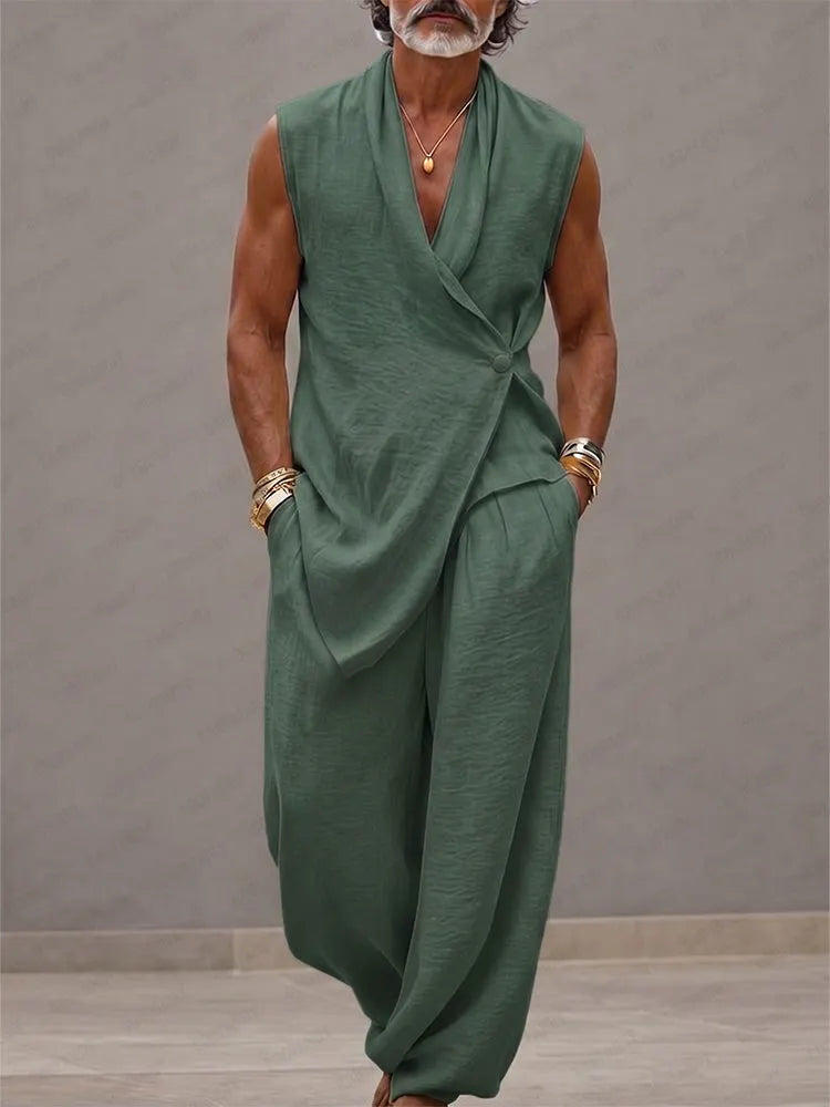 Casual 100% Cotton Back-Belt Vest and Loose Jogger Set
