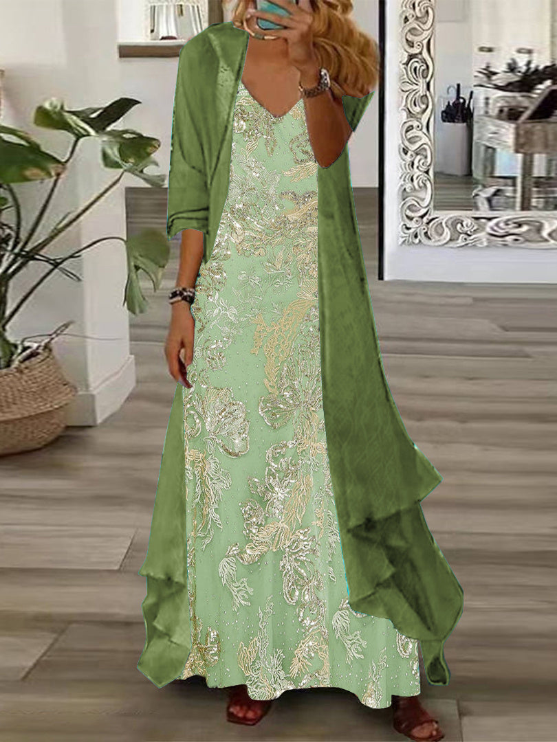 Women's Long Sleeve V-neck Graphic Printed Two Pieces Maxi Dress