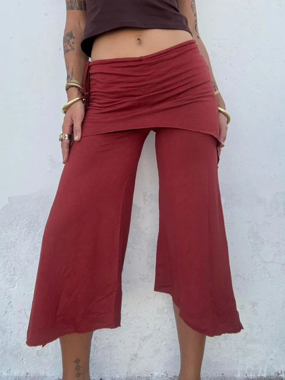 Drawstring Faux Two-Piece Asymmetric Cropped Wide Leg Pants