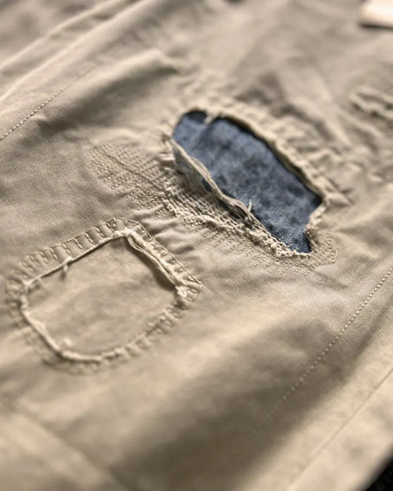 Vintage Khaki Distressed Patchwork Twill Loose Straight Leg Trousers