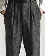 Retro-style Blended Double-pleated Straight-leg Trousers